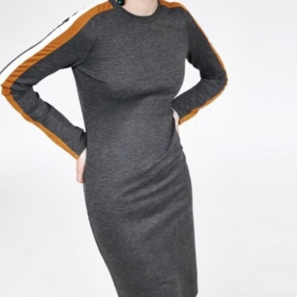 ZARA HEATHER GREY LONG SLEEVE MIDI DRESS - Picture 1 of 9
